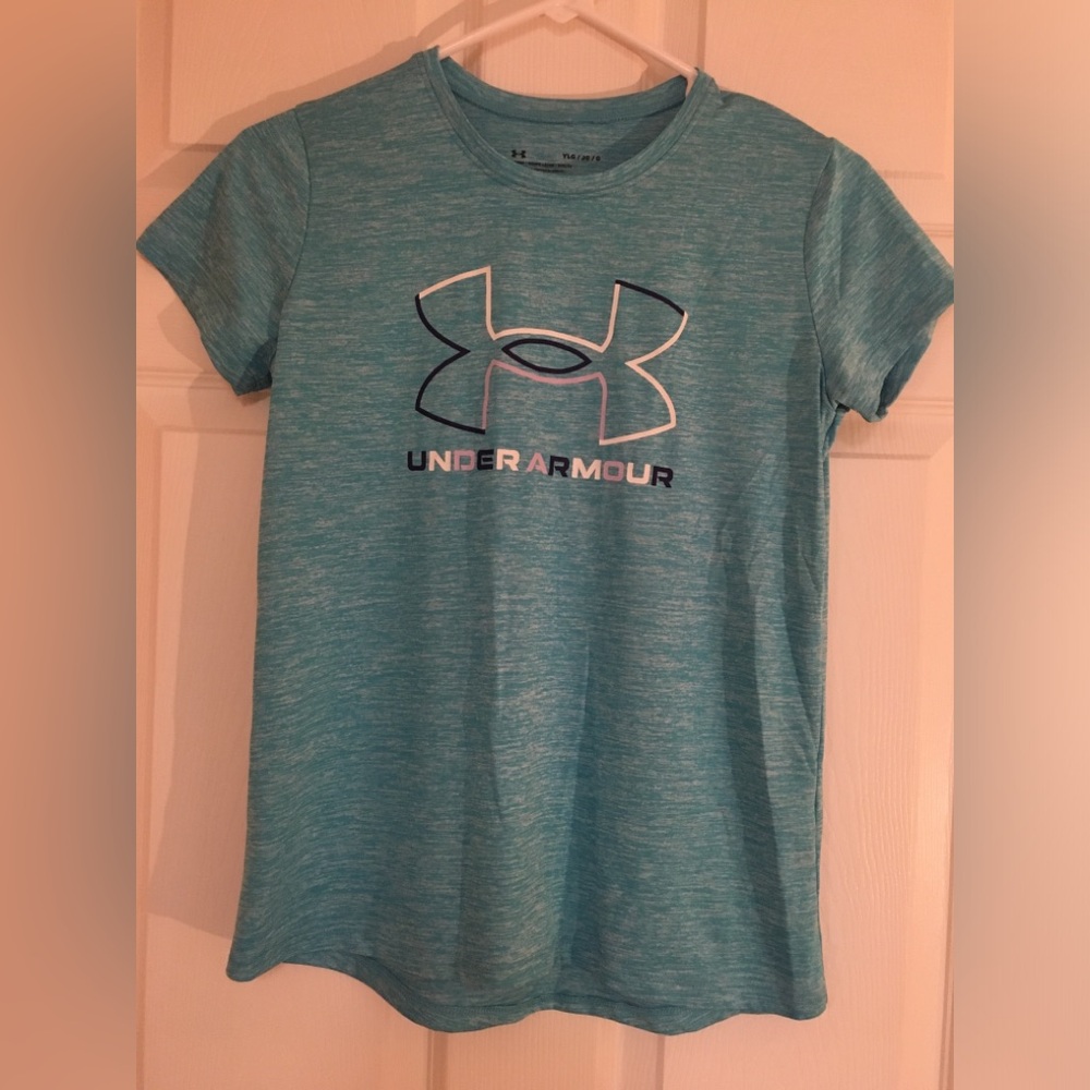 Under Armour Teal Heather Logo Tee Green Athletic Shirt Sz YLG Small Women